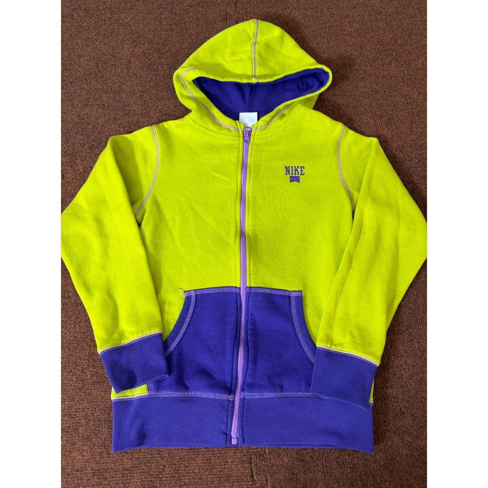 Nike Kids Full Zip Hoodie Lime Green Purple‎ Fleece Sweatshirt Size L 12-13 Yrs
